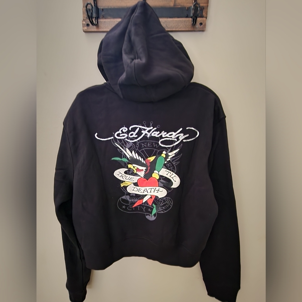 NWT Womens Ed Hardy True Til Death Cropped Black Zip Up Hoodie size Medium